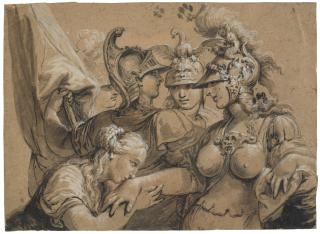 Carlo Alberto Baratta - A young woman kissing Minerva’s hand with other figures (recto); Nude study of a seated man (verso)
