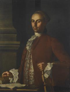 Carlo Amalfi - Portrait Of An Architect, Half-Length, In A Red Coat And White Stock, Holding A Compass, Standing Before A Column