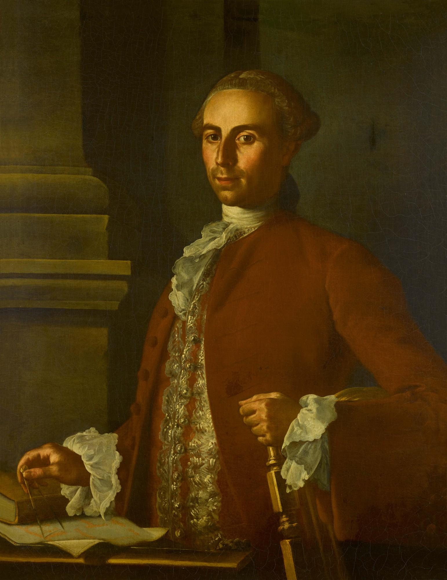Carlo Amalfi - Portrait Of An Architect, Half-Length, In A Red Coat And White Stock, Holding A Pair Of Compasses, Standing Before A Column