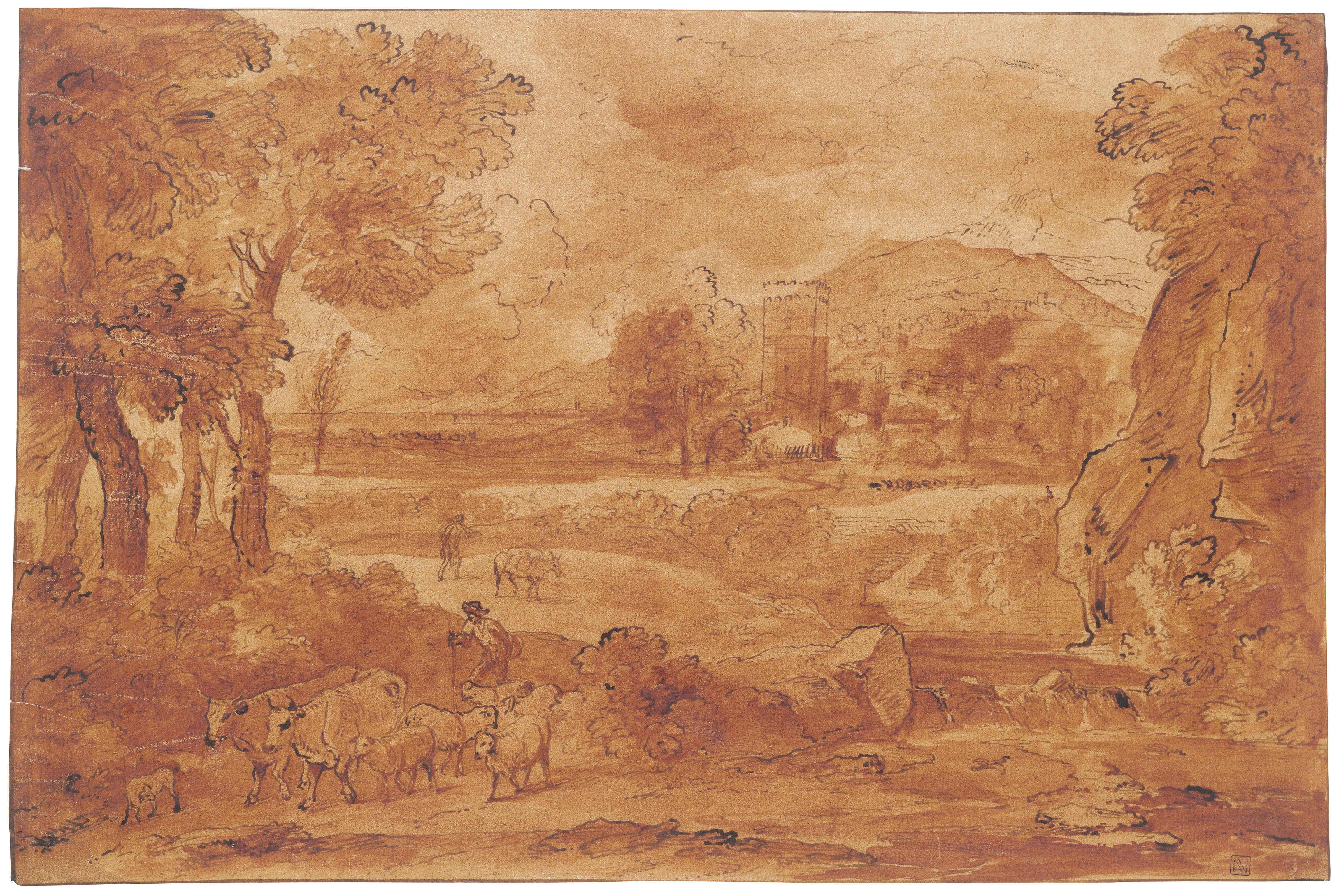 Carlo Antonio Tavella - A coastal river landscape with shepherds and their cattle