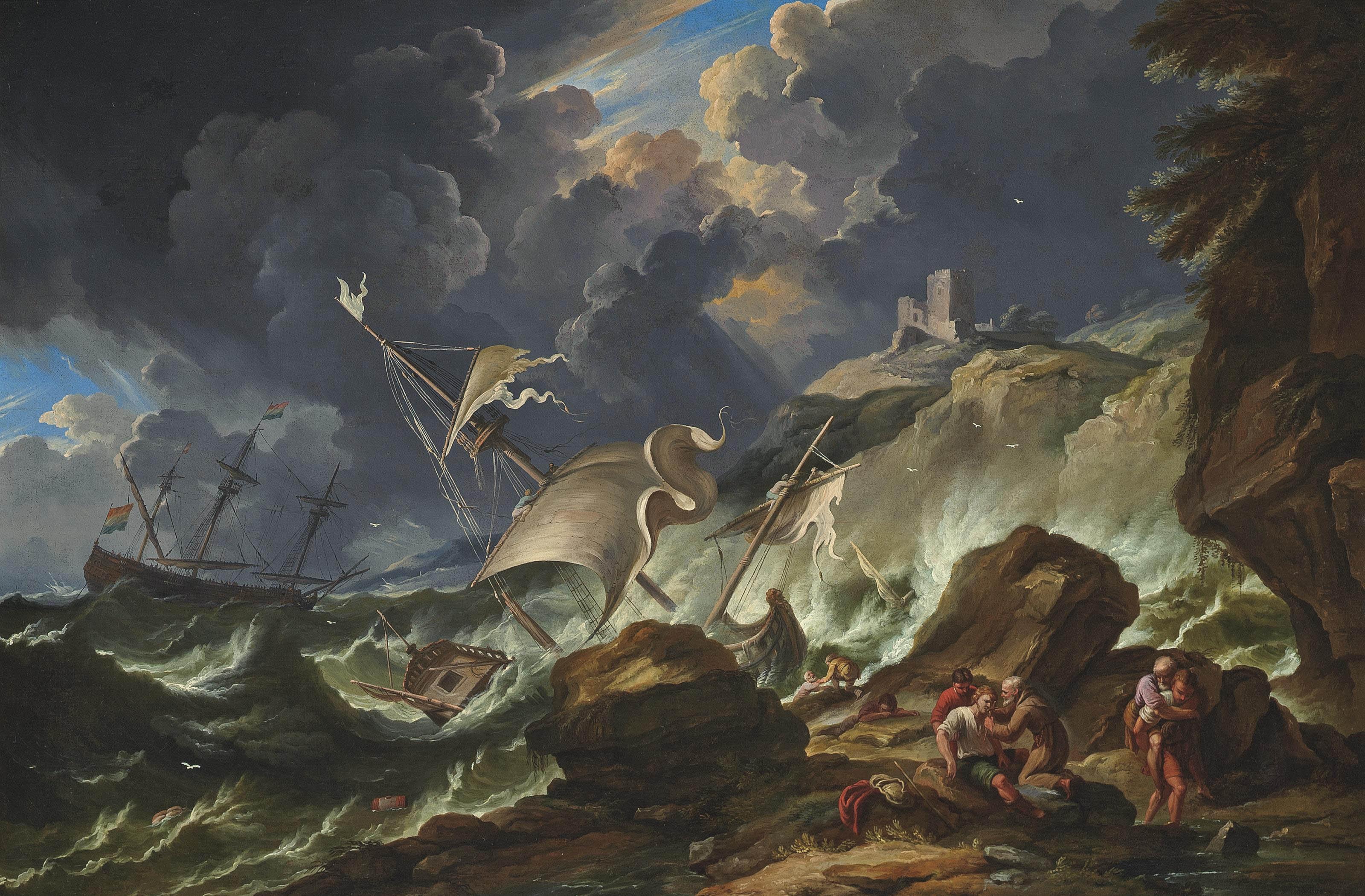 Carlo Antonio Tavella - A stormy seascape with Dutch shipping being wrecked off the coast