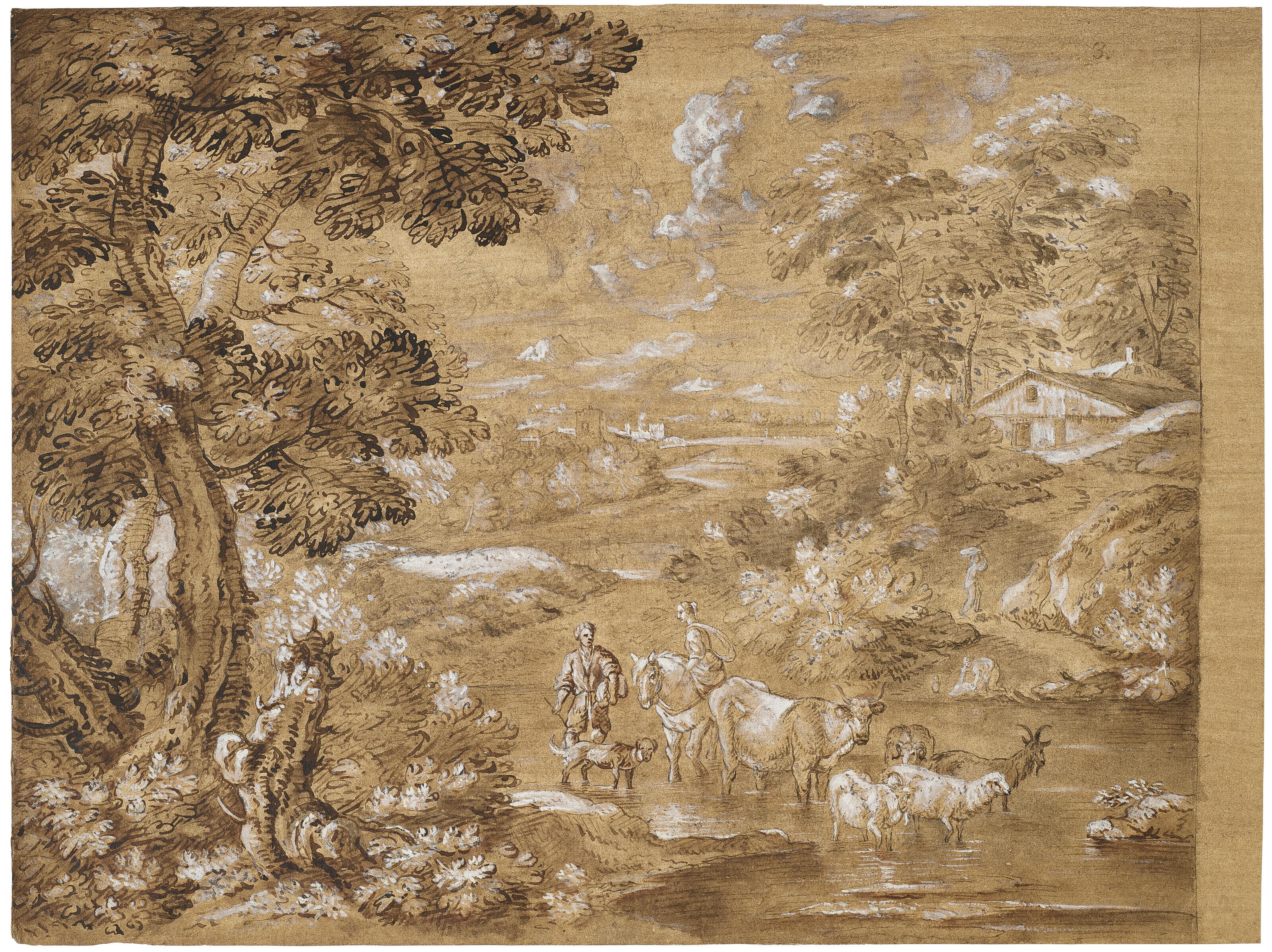 Carlo Antonio Tavella - An extensive landscape, with travelers and their animals fording a river