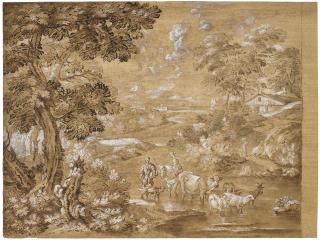 Carlo Antonio Tavella - An extensive landscape, with travelers and their animals fording a river
