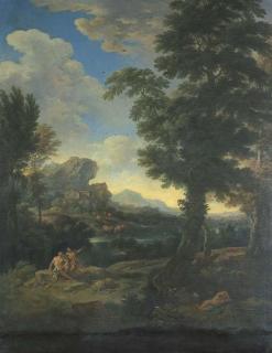 Carlo Antonio Tavella - Paesaggio fluviale con tre figure in costume classico in primo piano, armenti all\'abbeverata e borghi in lontananza