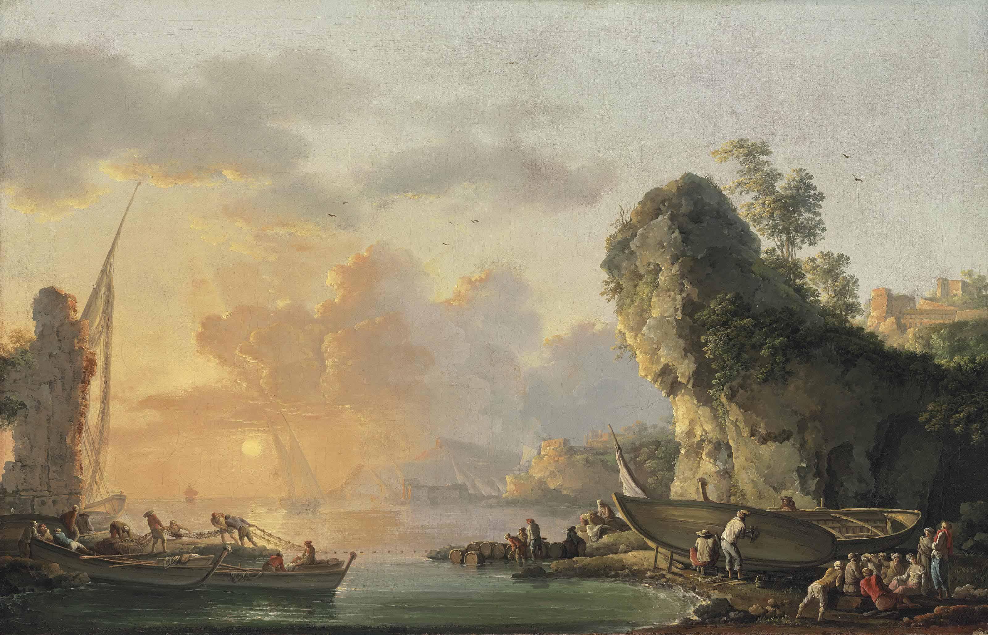 Carlo Bonavia - A coastal landscape with fishermen pulling in their nets at sunset, others repairing their boats and resting on the shore by a rocky outcrop, a town on the hills beyond