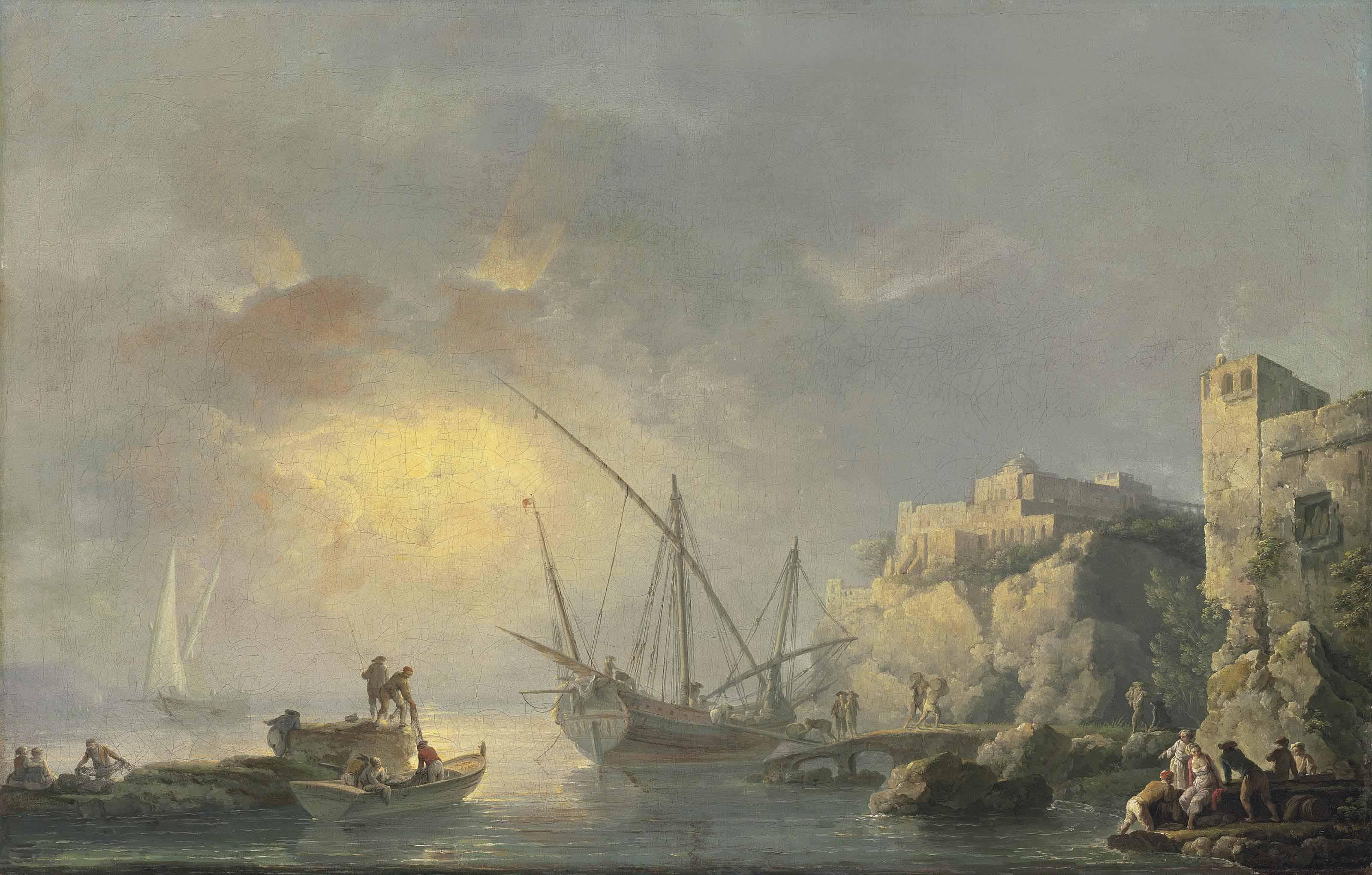 Carlo Bonavia - A Coastal Landscape With Stevedores Unloading A Ship And Fishermen Throwing Out Their Nets At Sunrise, Other Figures On The Shore By A Fortress, Possibly The Castello Di Baja