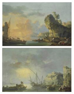 Carlo Bonavia - A Harbor At Dawn With Fishermen Embarking From The Shore; And A Harbor At Dusk With Fishermen Tying Up Nets And Coming Ashore