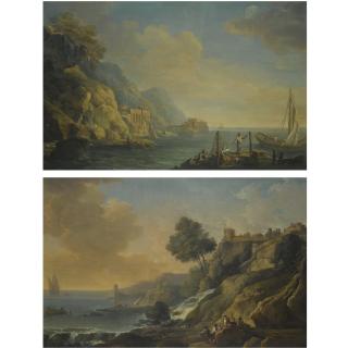 Carlo Bonavia - A Mediterranean Coastal Landscape With Fishermen Mending Their Nets; A Mediterranean Coastal Landscape With Fishermen Resting On Rocks Beside A River Mouth As Dusk Approaches