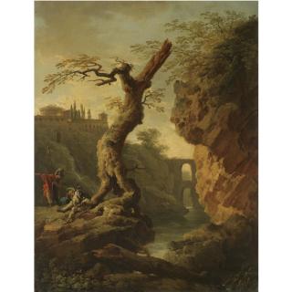 Carlo Bonavia - A Ravine Landscape With Soldiers In The Foreground, A Fortified Hill-Top To The Left And An Aqueduct Beyond To The Right, Possibly A Capriccio View Of Tivoli