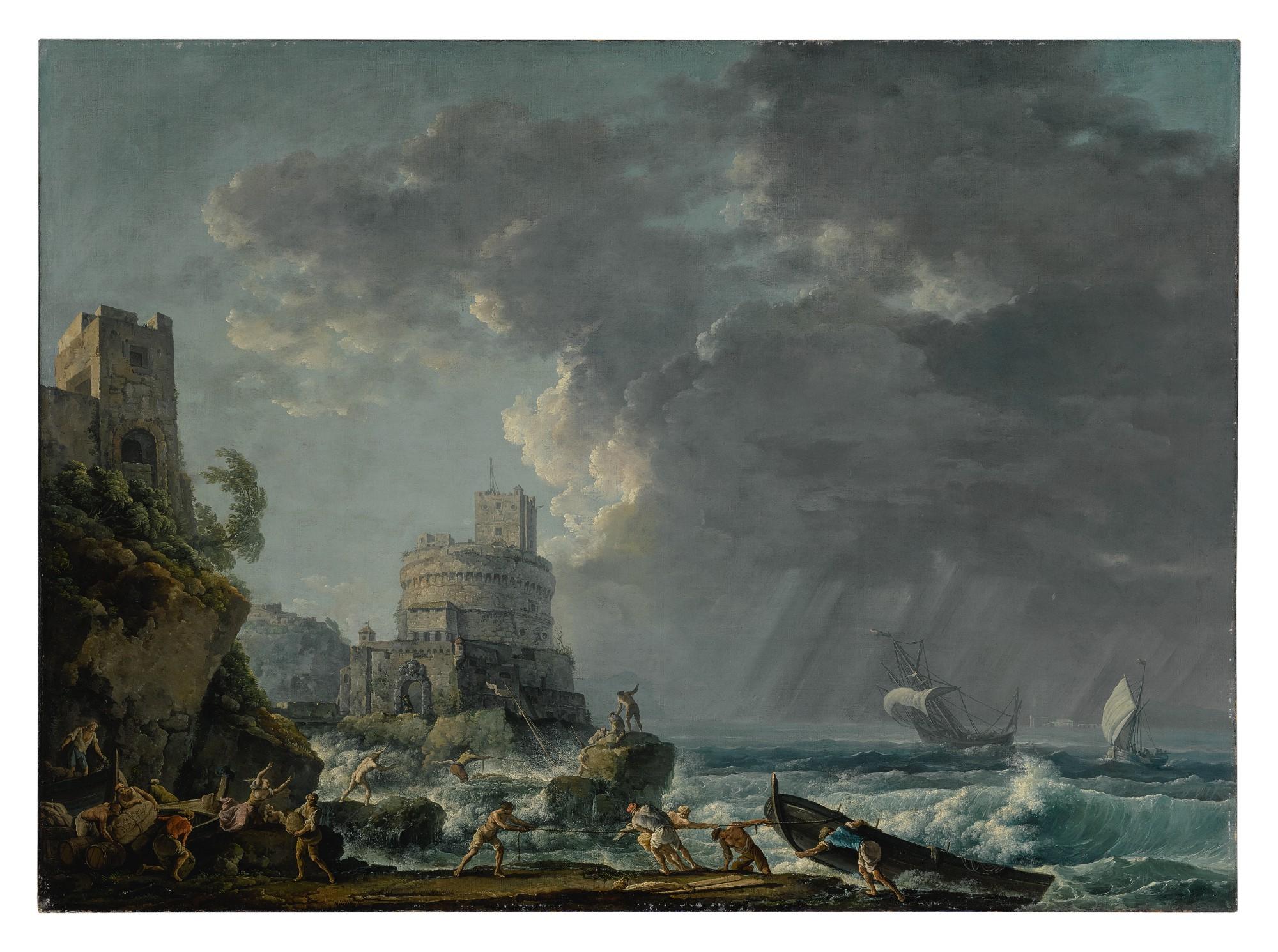 Carlo Bonavia - A storm off a rocky coast, with a shipwreck in the foreground and a fort on the rocky shoreline above
