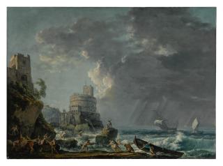 Carlo Bonavia - A storm off a rocky coast, with a shipwreck in the foreground and a fort on the rocky shoreline above