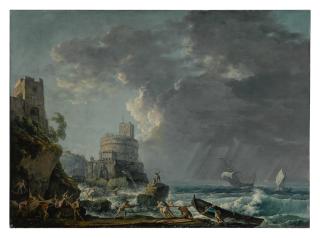Carlo Bonavia - A storm off a rocky coast, with a shipwreck in the foreground and a fort on the rocky shoreline above