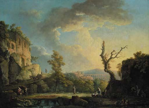 Carlo Bonavia - An extensive Italianate river landscape with travellers and soldiers in the foreground, a Roman aqueduct beyond