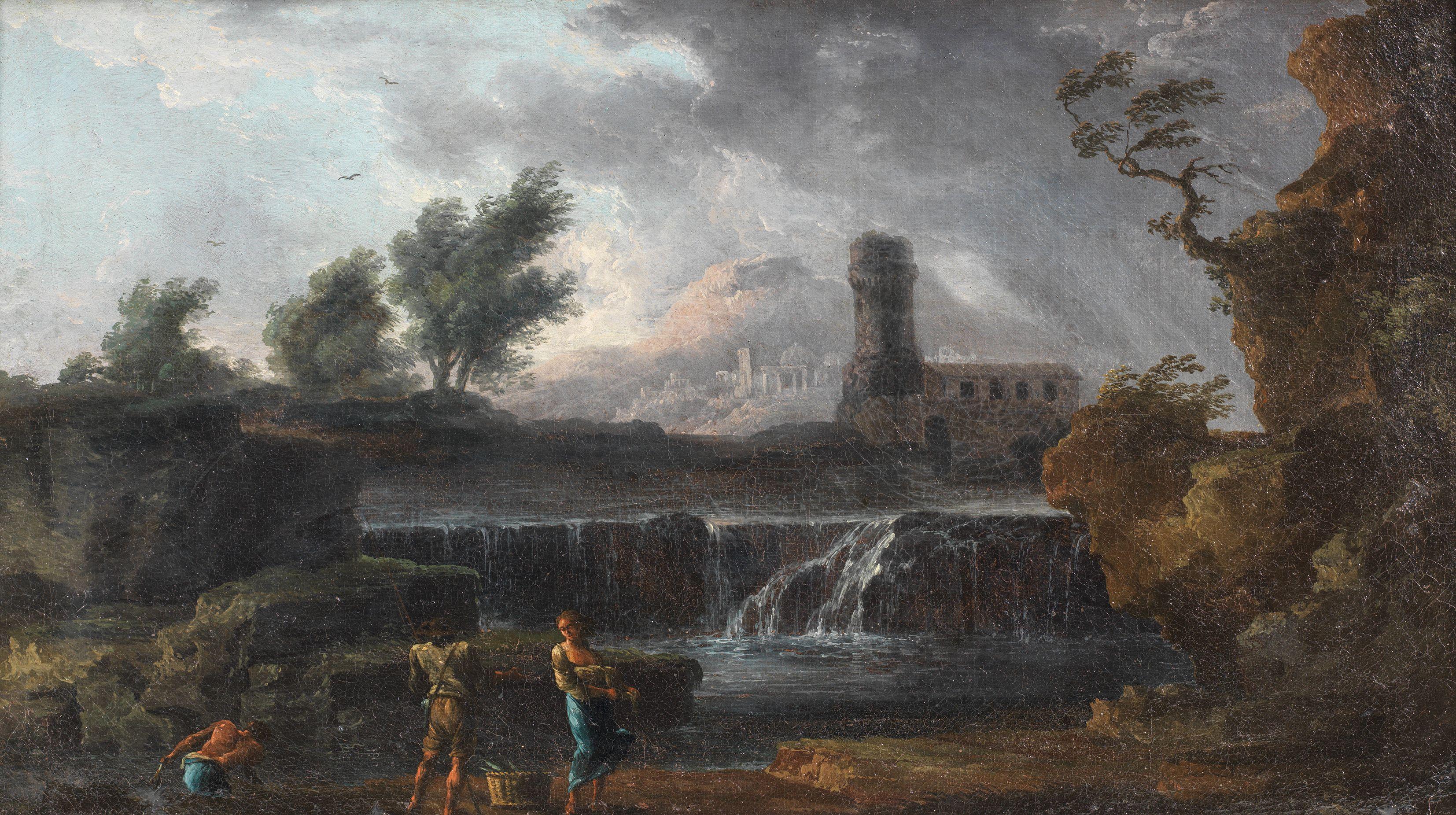 Carlo Bonavia - Figures before a waterfall; and Shipping in a stormy sea