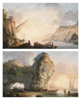 Carlo Bonavia - Marina con pescatori; e Marina con arco roccioso e figure
