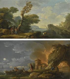 Carlo Bonavia - Morning: An Estuary Landscape With Soldiers And Fishermen; Evening: A Coastal Landscape With A Burning Town 