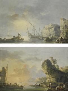 Carlo Bonavia - Sunrise Over A Harbour With Fishermen Preparing To Embark; Sunset Over A Harbour With Fishermen Returning To Shore And Pulling In Their Nets