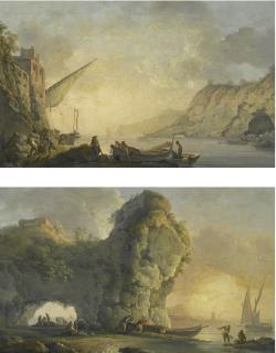 Carlo Bonavia - Sunrise With Fishermen Launching A Boat; Sunset With Fishermen Unloading Boats