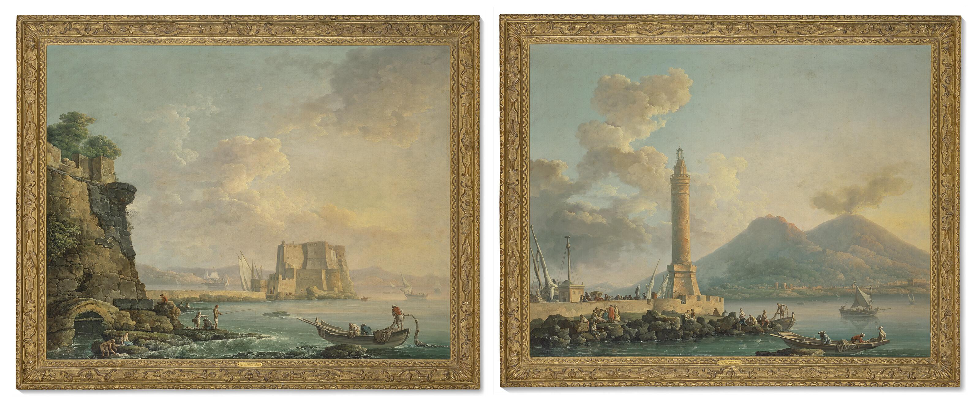 Carlo Bonavia - The Lanterna del Molo, Naples with Vesuvius beyond; and Naples, with the Castel dell\'Ovo