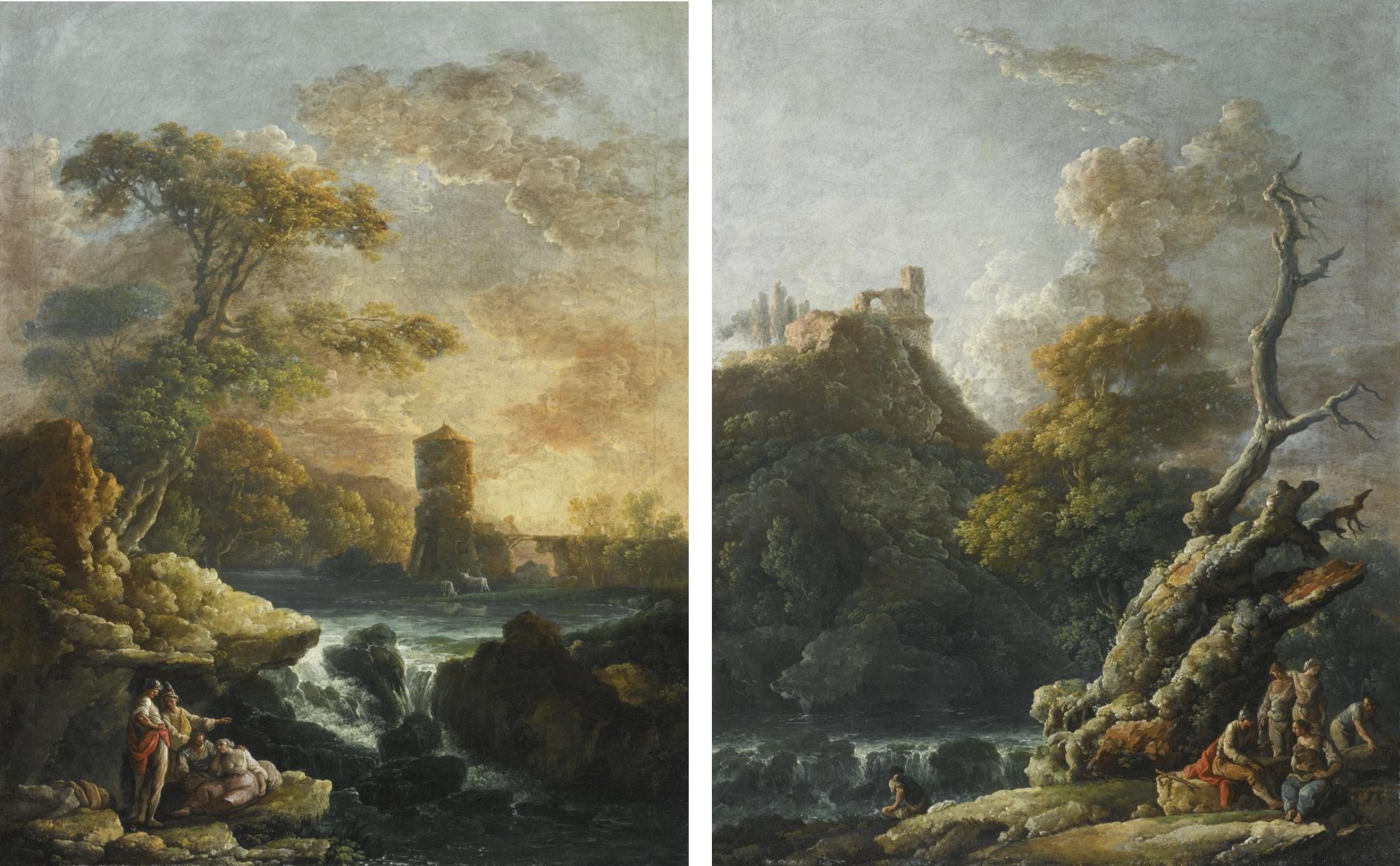 Carlo Bonavia - Two Arcadian River Landscapes With Waterfalls And Figures In The Foreground