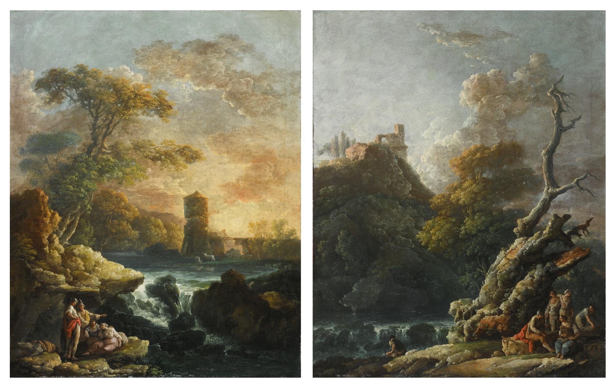 Carlo Bonavia - Two Arcadian River Landscapes With Waterfalls And Figures In The Foreground