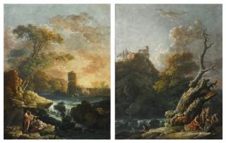 Carlo Bonavia - Two Arcadian River Landscapes With Waterfalls And Figures In The Foreground