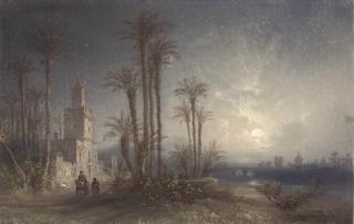 Carlo Bossoli - A moonlit river, oriental buildings and palm trees, two travellers in the foreground