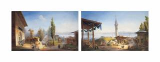 Carlo Bossoli - A view of Constantinople from Scutari over the Bosphorus with figures by a fountain; A view of Constantinople over the Galata Tower towards the Golden Horn.