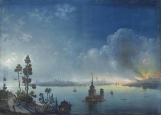 Carlo Bossoli - Constantinople - a view across the Bosphorus towards Leander\'s Tower by night