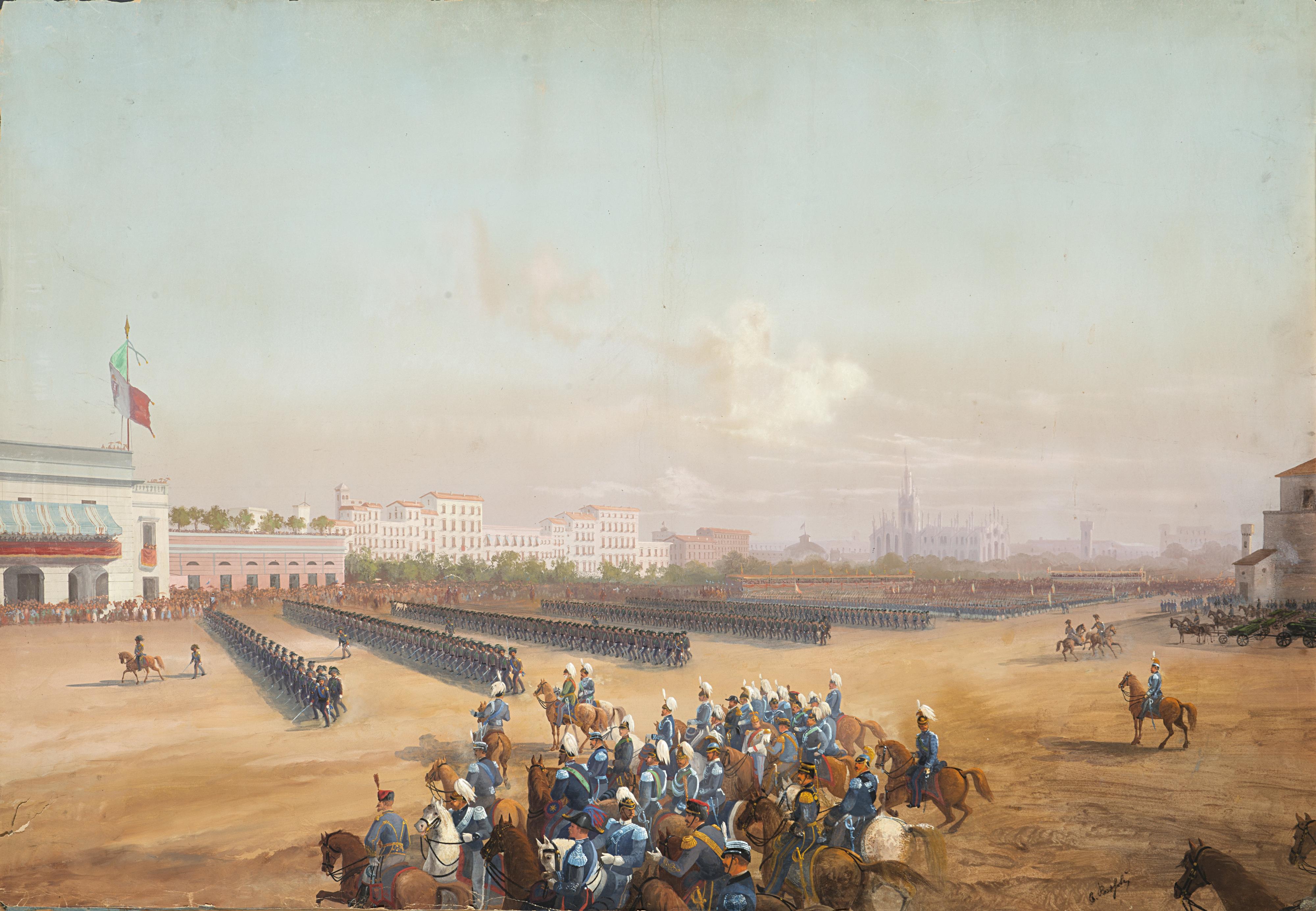 Carlo Bossoli - Milano. Rivista militare in Piazza d\'Armi a Milano in onore di Guglielmo I di Germania. 19 ottobre 1875