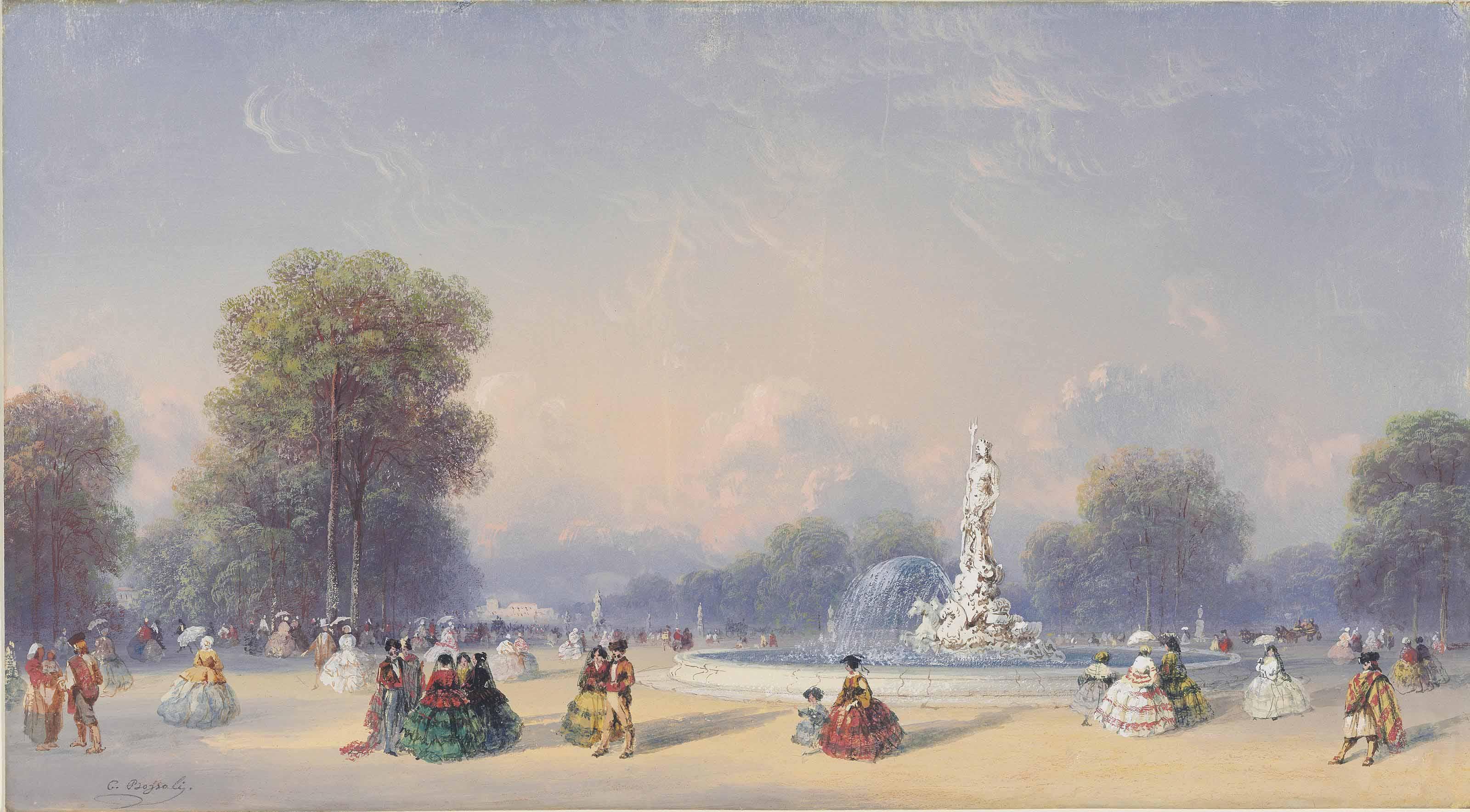 Carlo Bossoli - The Neptune fountain and the Paseo del Prado, Madrid