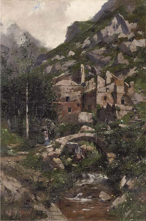 Carlo Brancaccio - Faggot gatherers crossing a bridge at an Italian hilltown