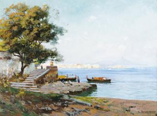 Carlo Brancaccio - La Baie De Naplescarlo Brancaccio ; View Of The Bay Of Naples ; Signed Lower Right; Oil On Canvas