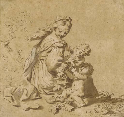 Carlo Cignani - Jeune fille assise dans un paysage avec deux putti tenant des grappes de raisin