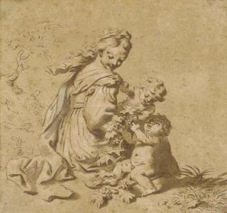 Carlo Cignani - Jeune fille assise dans un paysage avec deux putti tenant des grappes de raisin