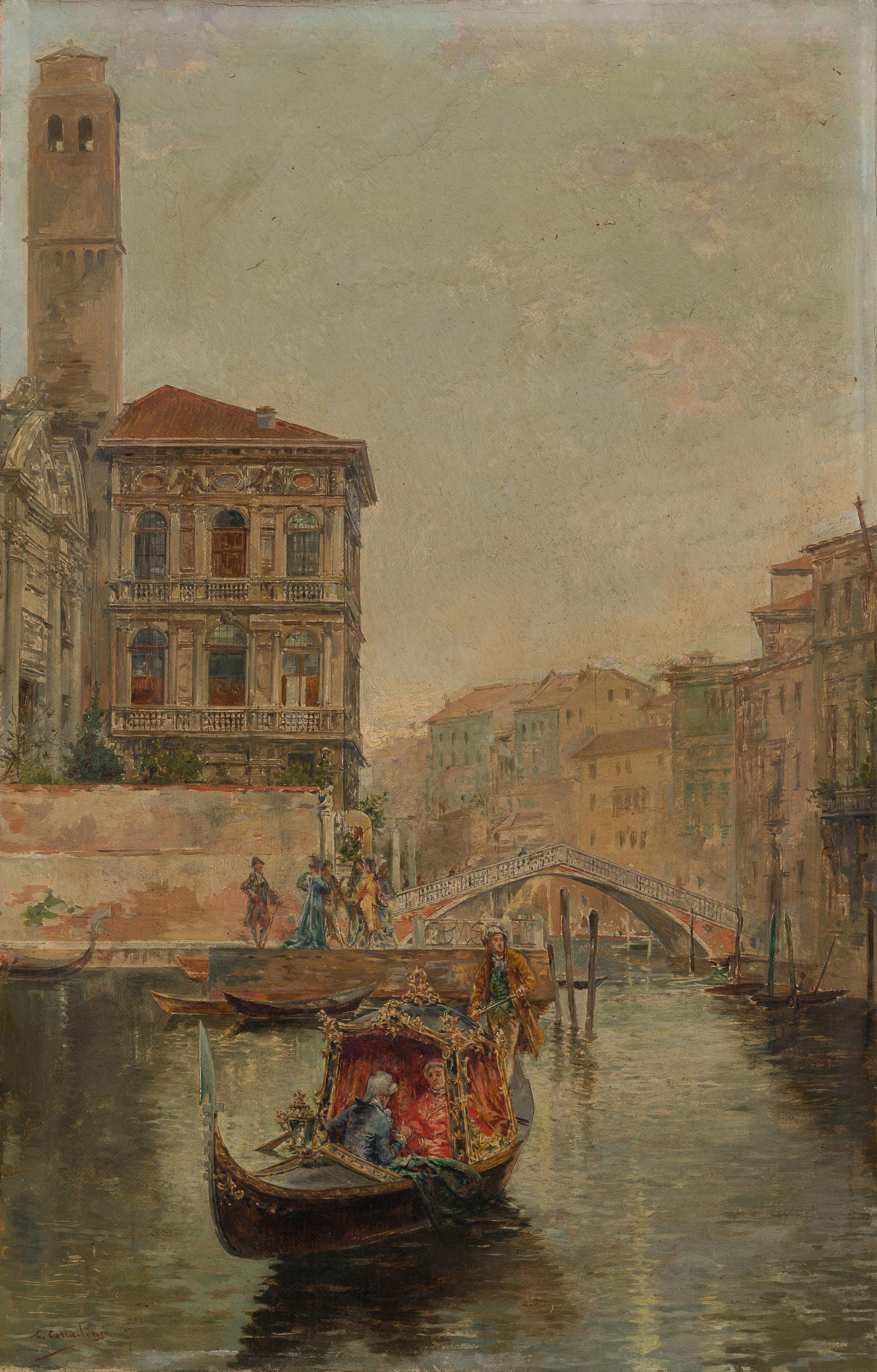 Carlo Corradini - Canale veneziano con gondola