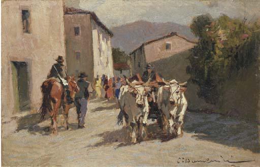 Carlo Domenici - Strada di paese con contadini e buoi