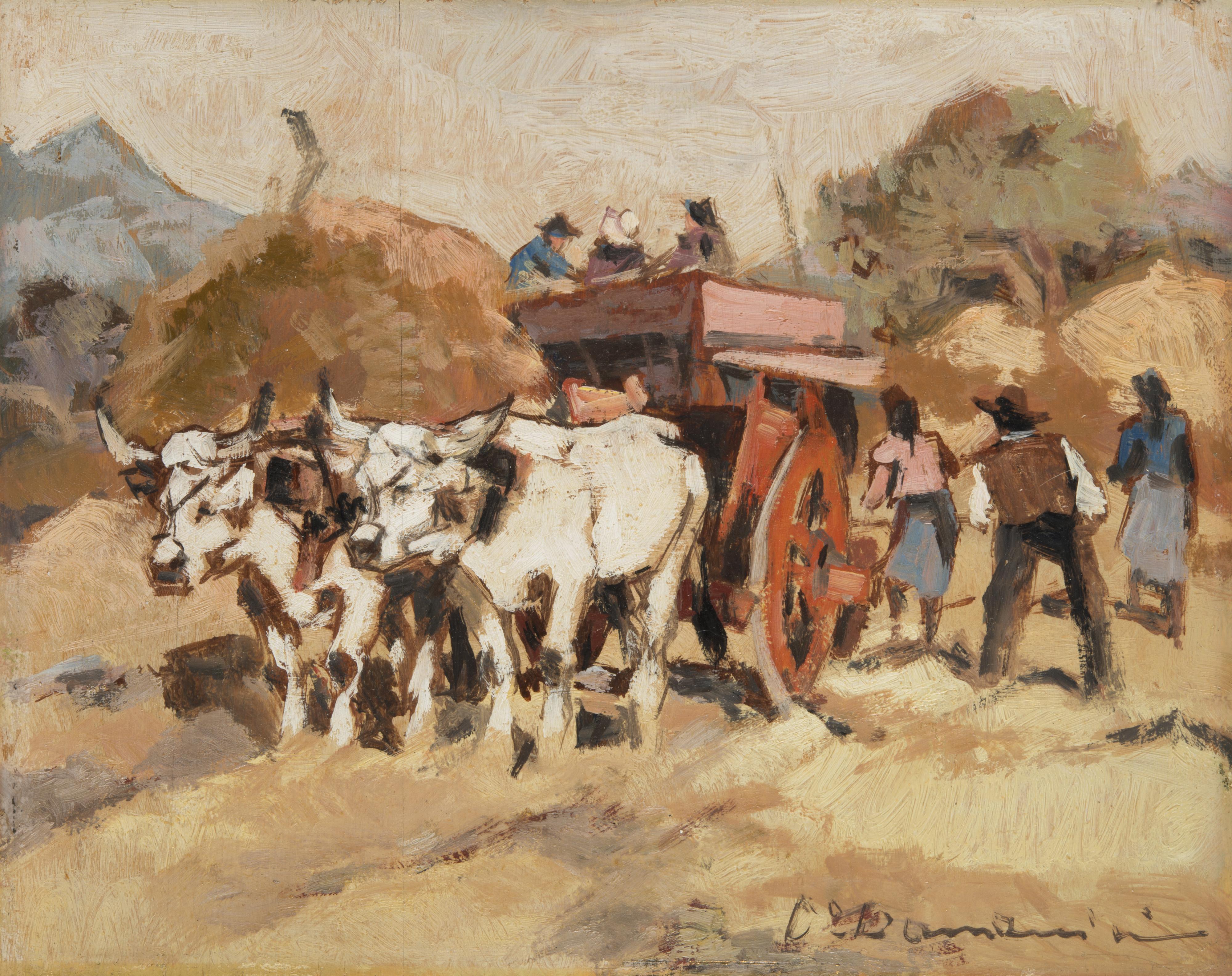 Carlo Domenici - Trebbiatura - Buoi al carro rosso