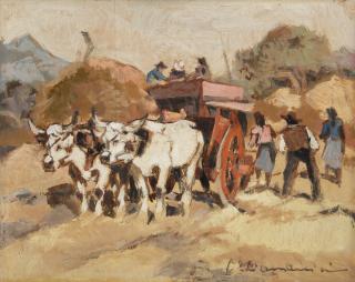 Carlo Domenici - Trebbiatura - Buoi al carro rosso