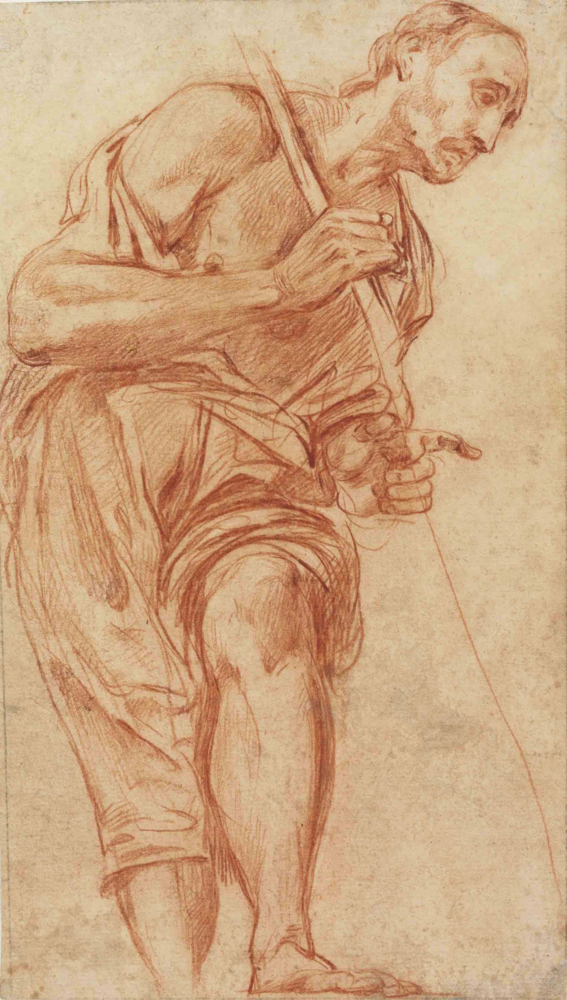 Carlo Donelli - Study of a standing man, holding a staff, seen from below (recto), Sketches of figures (verso)