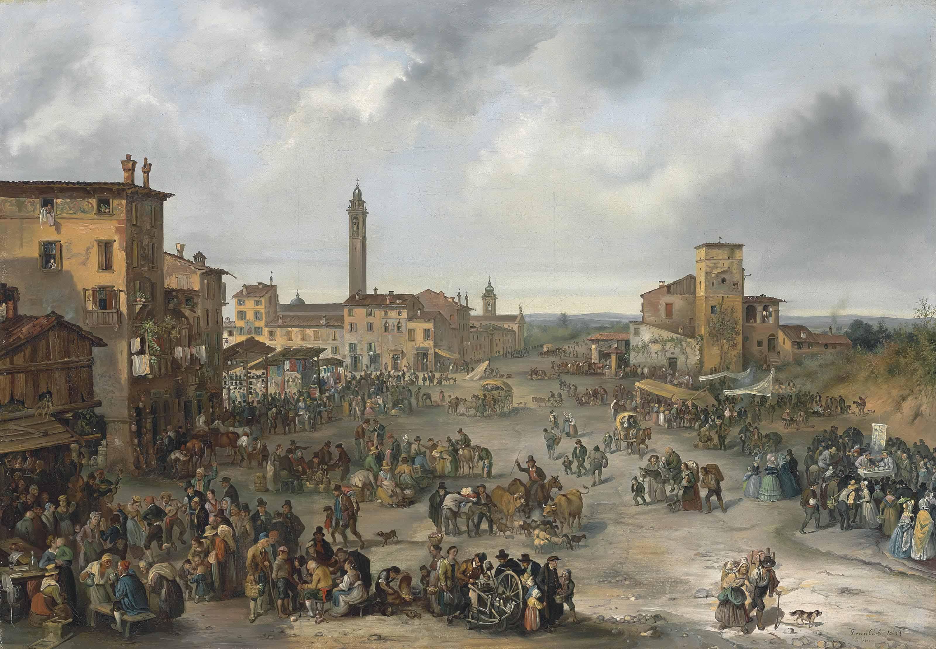 Carlo Ferrari - A market scene during the Fair of Sant\' Alessandro, Bergamo