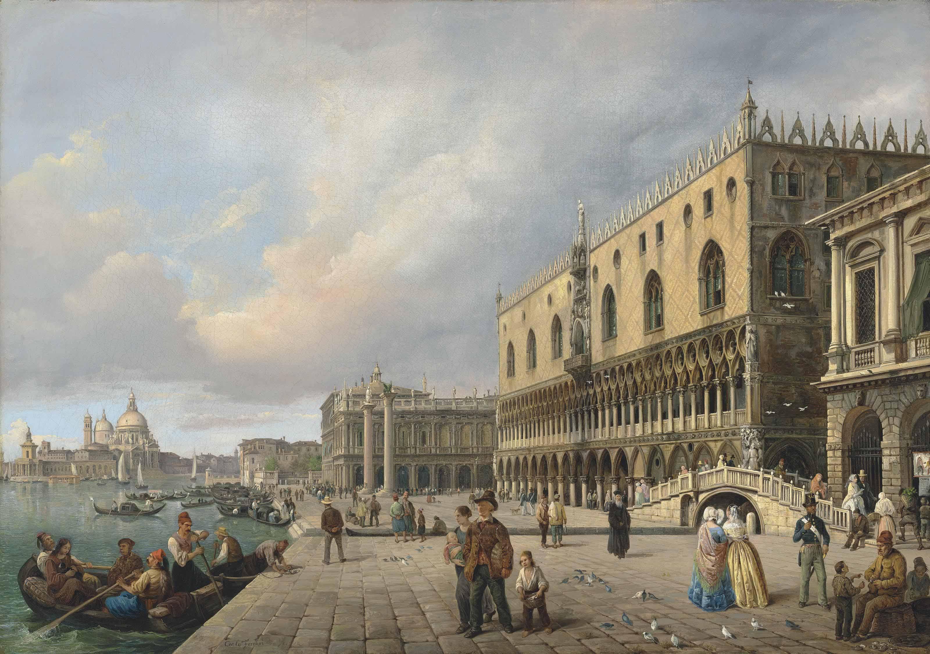 Carlo Ferrari - The Riva Degli Schiavoni, Venice, With Santa Maria Della Salute Beyond
