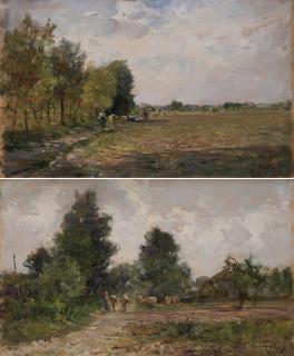 Carlo Follini - Scorcio di campagna con contadini e mucche