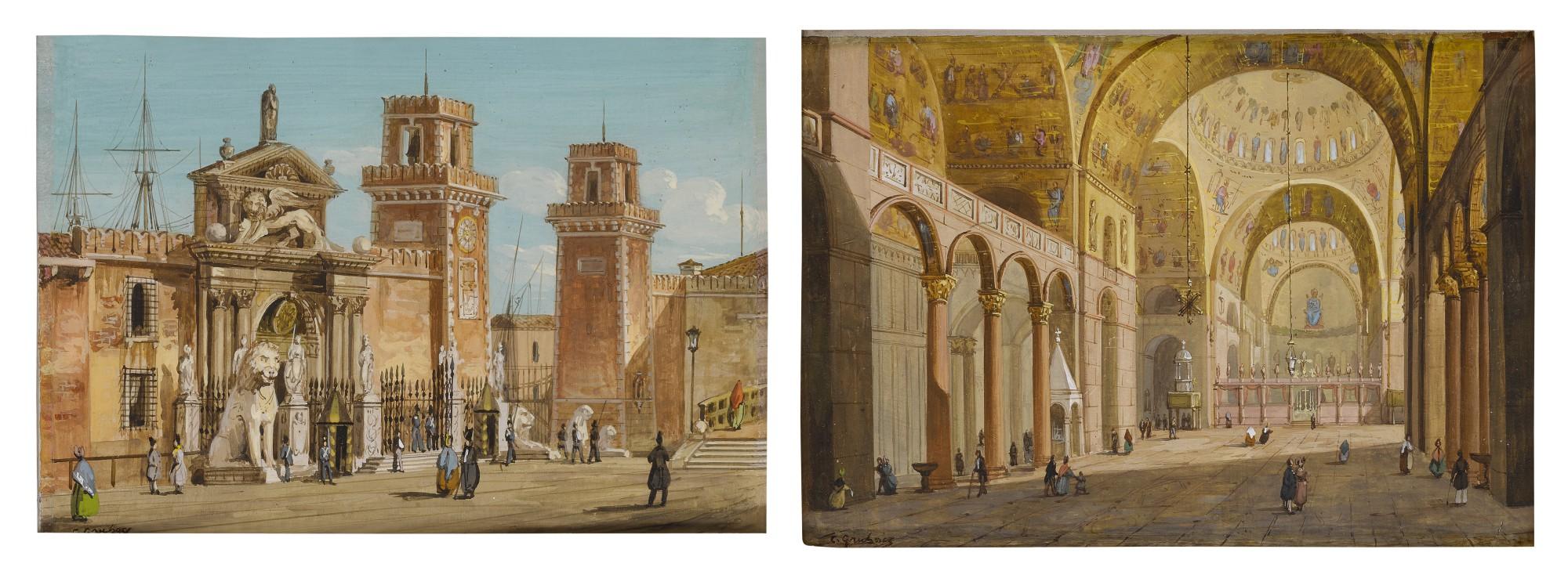 Carlo Grubacs - A View Of The Entrance To The Arsenal, Venice; A View Of The Interior Of The Basilica Di San Marco, Venice