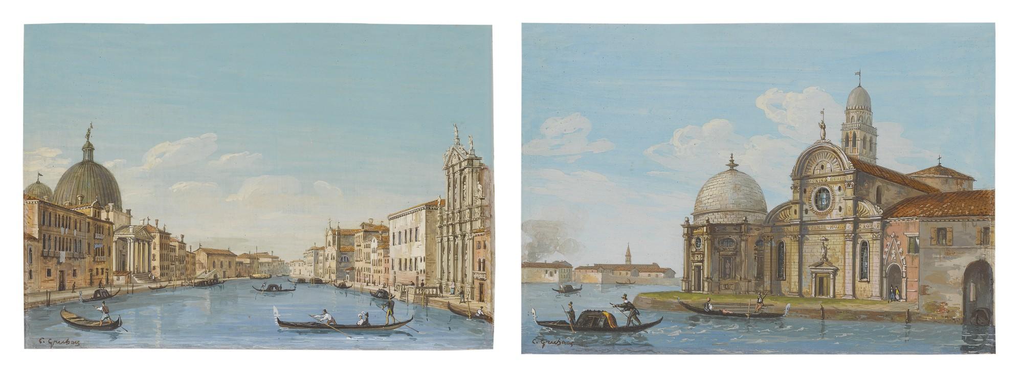 Carlo Grubacs - A View Of The Grand Canal With San Simeone Piccolo, Venice; A View Of San Michele In Isola, Venice