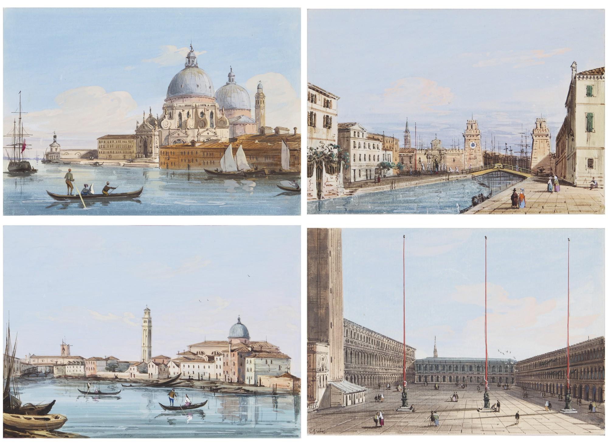 Carlo Grubacs - Four views of Venice: A) Piazza S. Marco dalla Basilica B) S. Pietro Di Castello C) Ingreso all\' Arsenale D) Chiesa della Madonna della Salute e Punta della Dogana