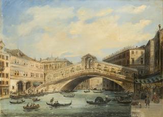 Carlo Grubacs - Veduta del Ponte di Rialto con figure e gondole