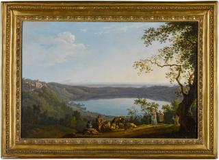 Carlo Labruzzi - A landscape with figures on a path by Lake Nemi
