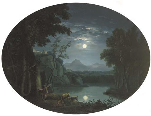 Carlo Labruzzi - A Moonlit Landscape With Deer By A Lake, A Hilltop Castle Beyond