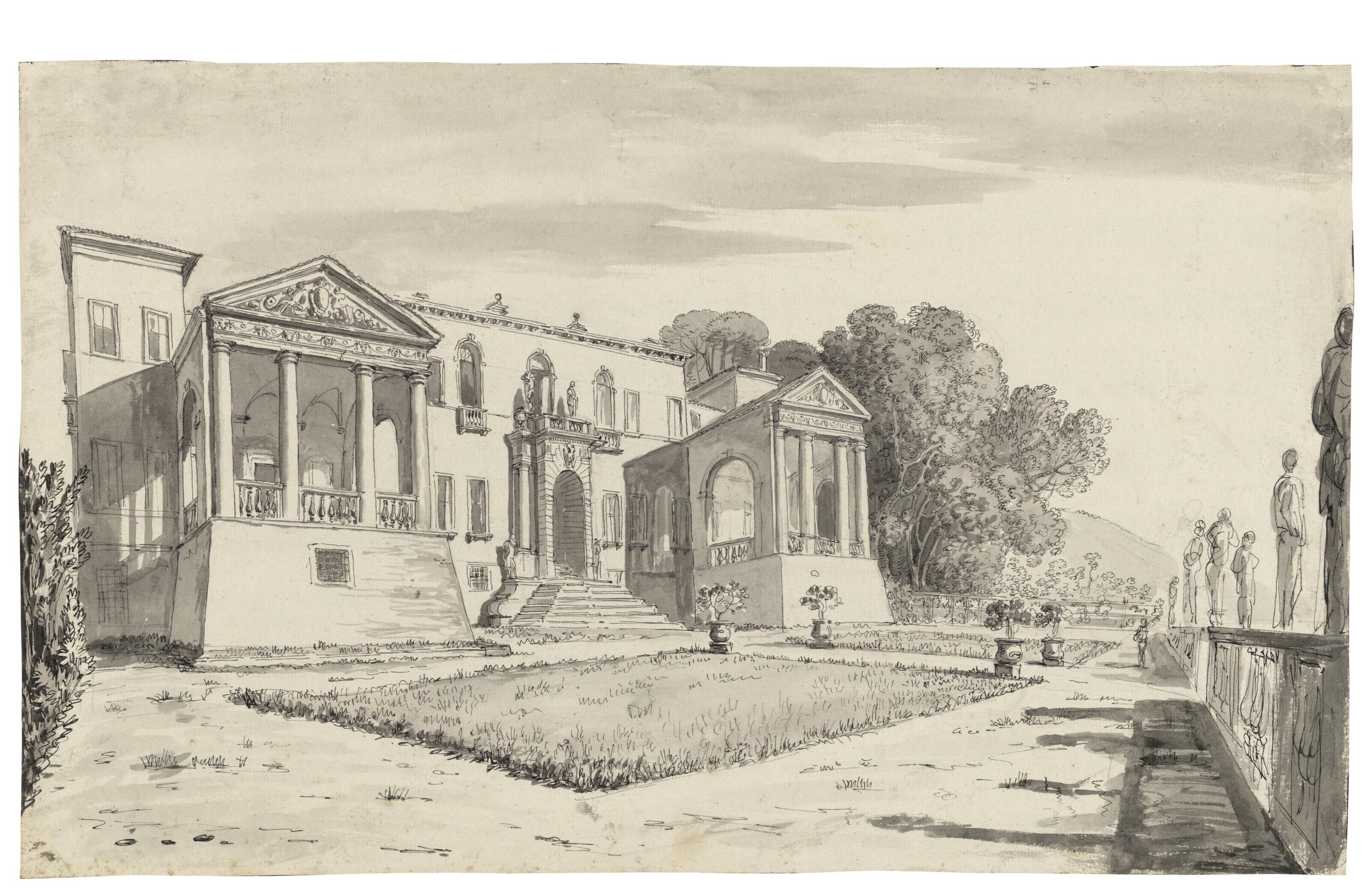 Carlo Labruzzi - A view of a villa from a terrace with a balustrade surrounded by statues